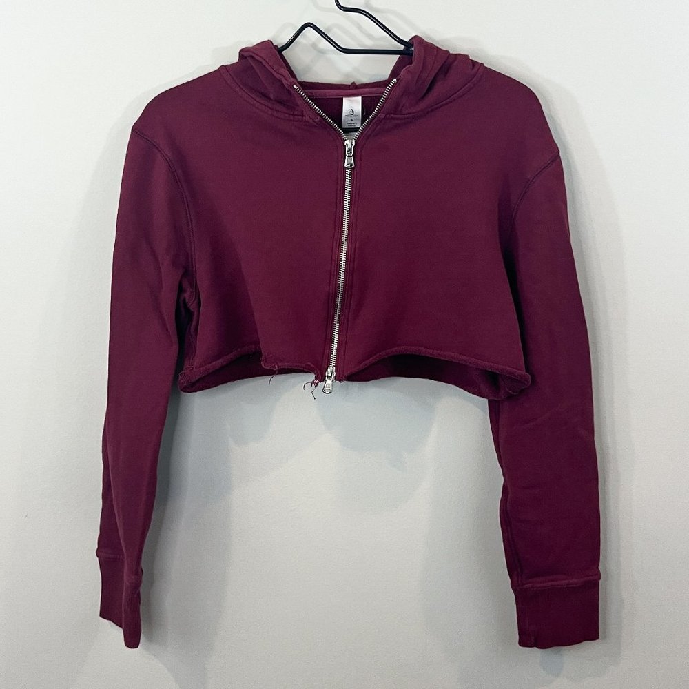 Cropped Zip Up Hoodie Sweatshirt, Burgundy, Size M